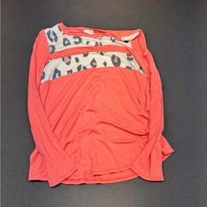 Coral Long Sleeve Top with Leopard Print